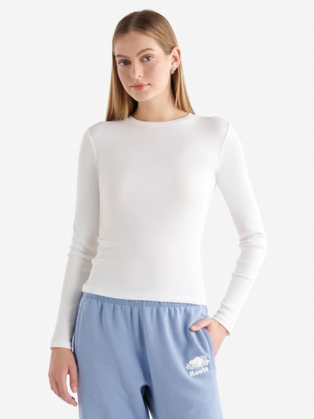 Roots Roam Rib Fitted Long Sleeve Top White XL